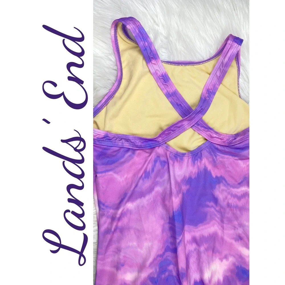Lands' End‎ Purple Tie Dye One Piece Swimsuit Kids Size 16 Crisscross Straps